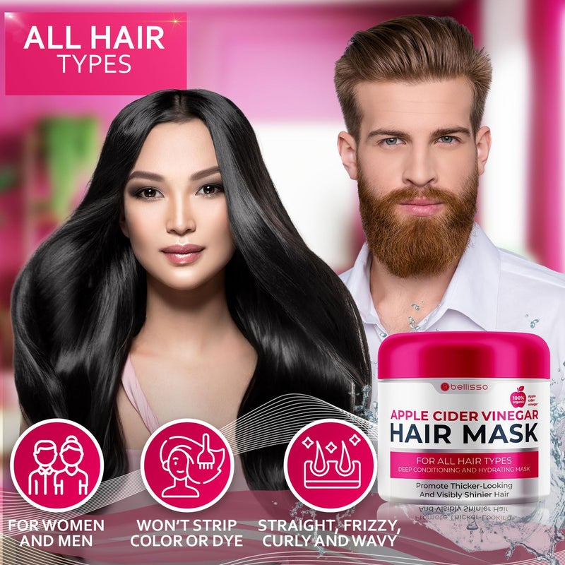 BELLISSO Apple Cider Vinegar Deep Conditioning Mask - Treatment for Dry Damaged Hair and Split End Repair - Sulfate Free Formula with Collagen, Keratin and Argan Oil - For Flaky Scalp and Dandruff Relief - Image 5
