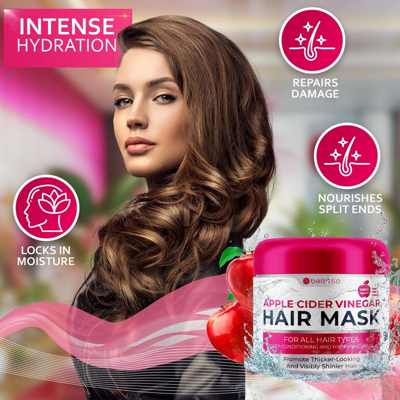 BELLISSO Apple Cider Vinegar Deep Conditioning Mask - Treatment for Dry Damaged Hair and Split End Repair - Sulfate Free Formula with Collagen, Keratin and Argan Oil - For Flaky Scalp and Dandruff Relief - Image 4