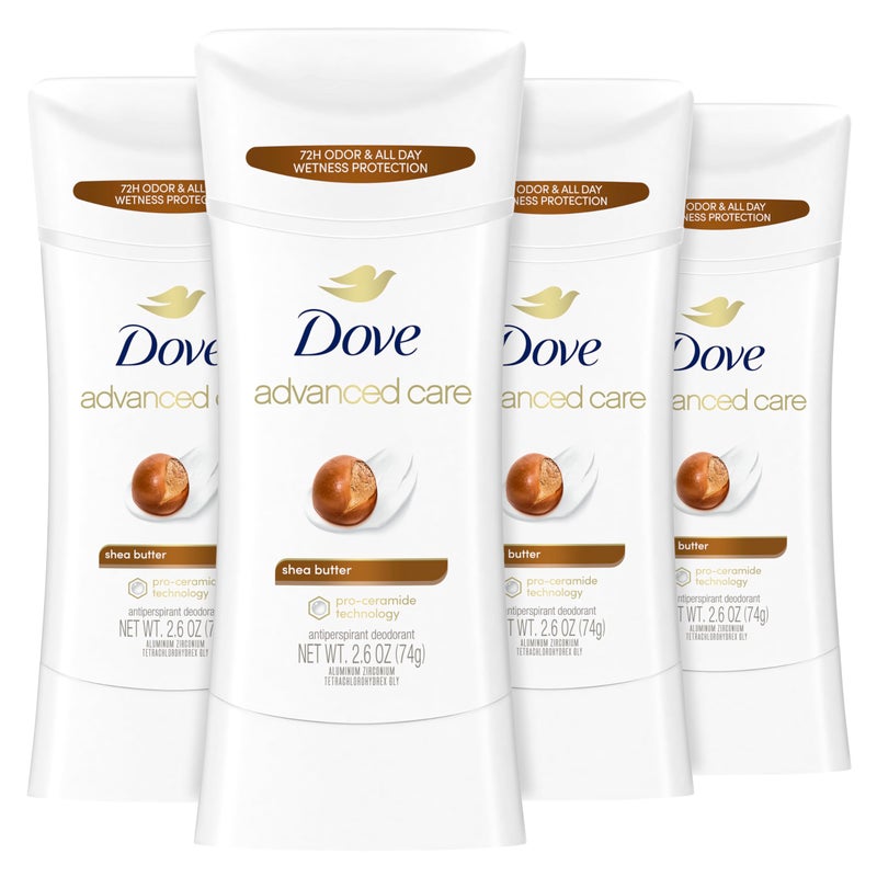 Dove Advanced Care Antiperspirant Deodorant Stick Shea Butter 4 ct with Pro ceramide technology for helping skin barrier repair after shaving 72 hour odor control sweat protection stick 26 oz