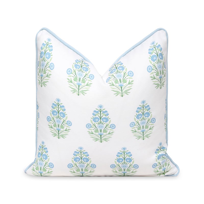 Hofdeco Premium Coastal Patio Indoor Outdoor Throw Pillow Cover Only 18x18 Water Repellent for Backyard Couch Baby Blue Green Floral with Piping - Image 2