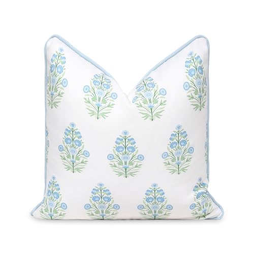 Hofdeco Premium Coastal Patio Indoor Outdoor Throw Pillow Cover Only 18x18 Water Repellent for Backyard Couch Baby Blue Green Floral with Piping - Image 1