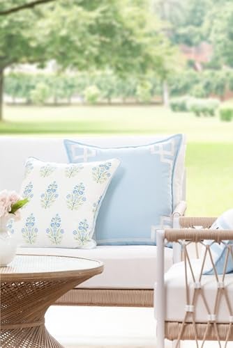 Hofdeco Premium Coastal Patio Indoor Outdoor Throw Pillow Cover Only 18x18 Water Repellent for Backyard Couch Baby Blue Green Floral with Piping - Image 3