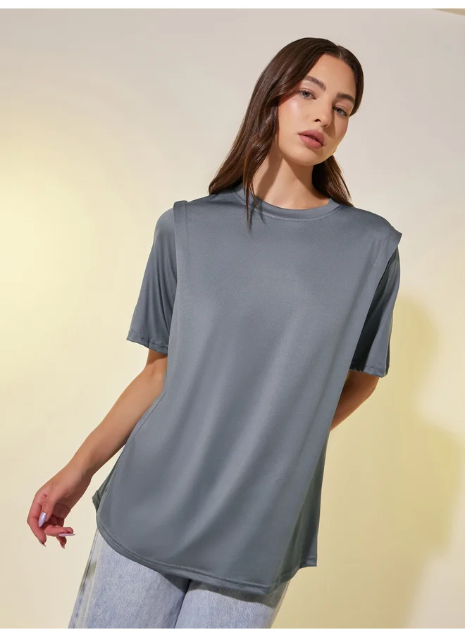تايك تو Take Two Solid Round Neck Oversized T-Shirt