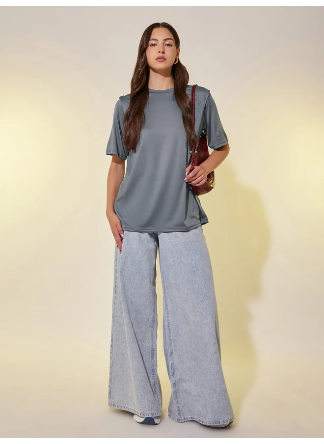 تايك تو Take Two Solid Round Neck Oversized T-Shirt