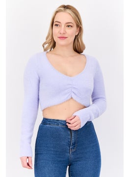 Bershka Women V-Neck Long Sleeves Textured Sweater, Lavender  - Image 1
