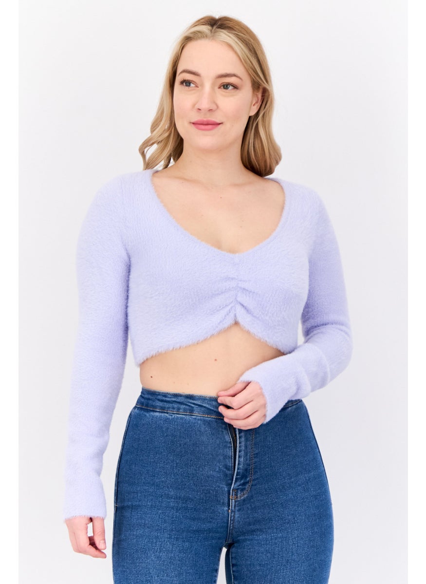 Bershka Women V-Neck Long Sleeves Textured Sweater, Lavender  - Image 1