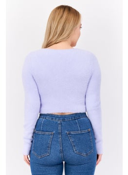 Bershka Women V-Neck Long Sleeves Textured Sweater, Lavender  - Image 2