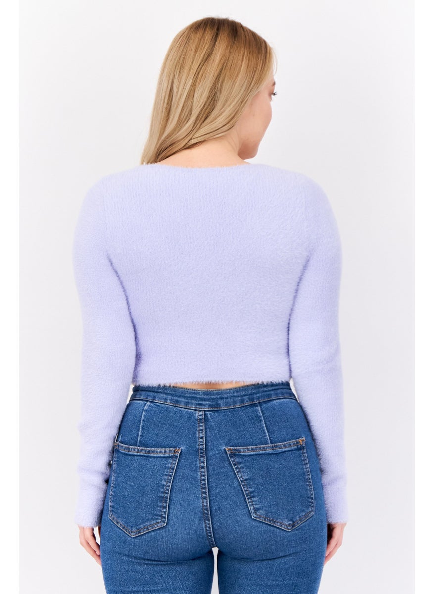 Bershka Women V-Neck Long Sleeves Textured Sweater, Lavender  - Image 2