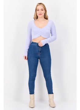 Bershka Women V-Neck Long Sleeves Textured Sweater, Lavender  - Image 3