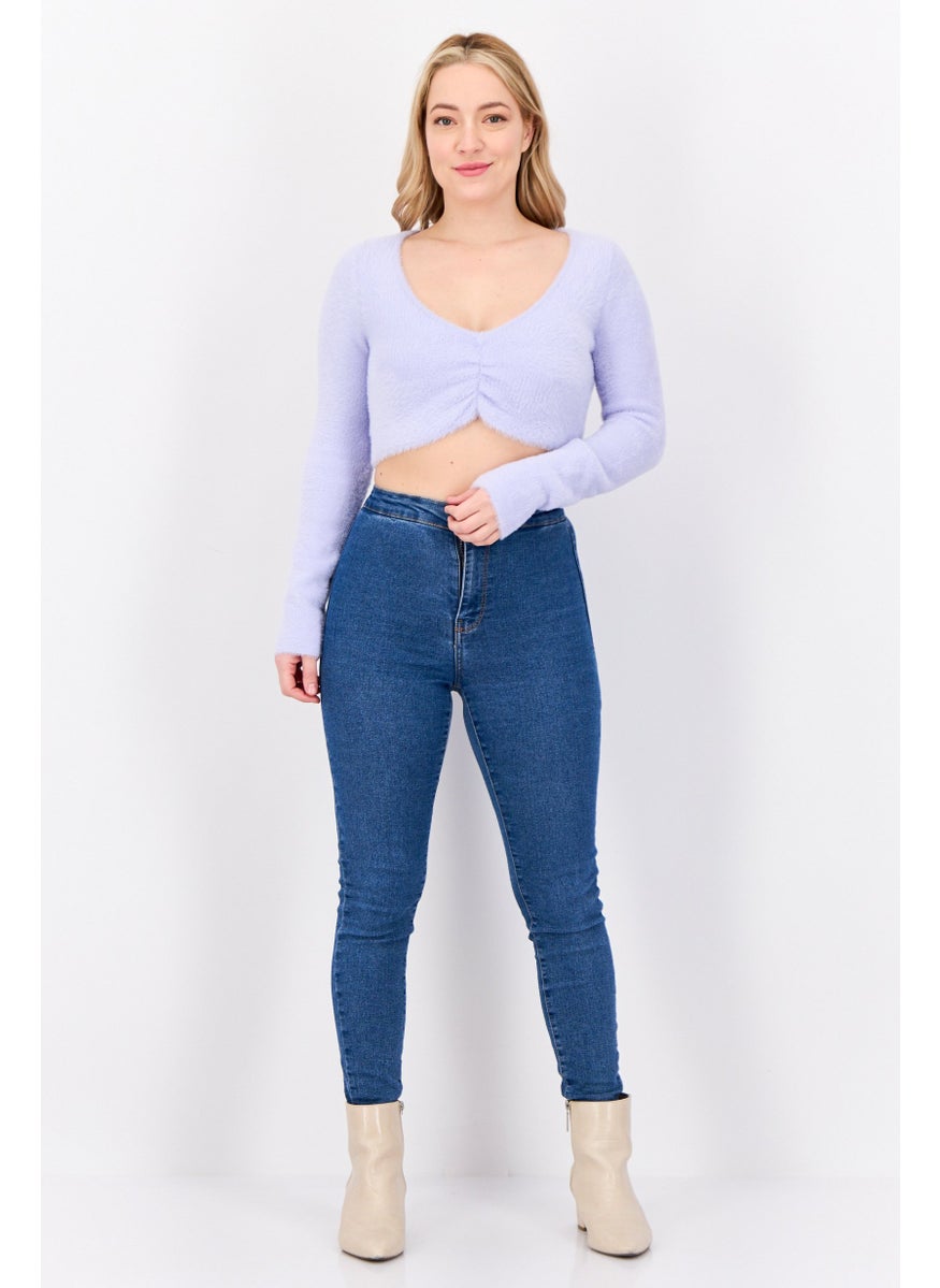 Bershka Women V-Neck Long Sleeves Textured Sweater, Lavender  - Image 3