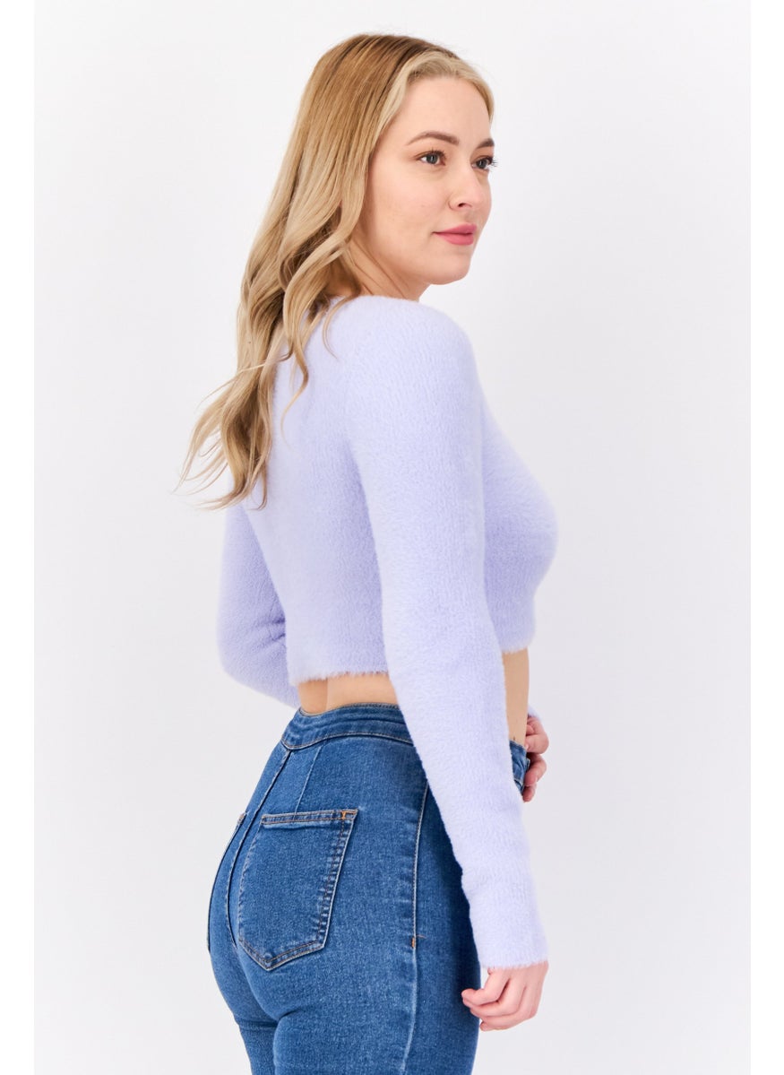 Bershka Women V-Neck Long Sleeves Textured Sweater, Lavender  - Image 4