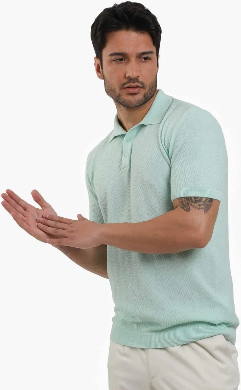 Dufy Water Green Men's Slim Fit Herringbone Patterned Polo Neck Sweater - 104556