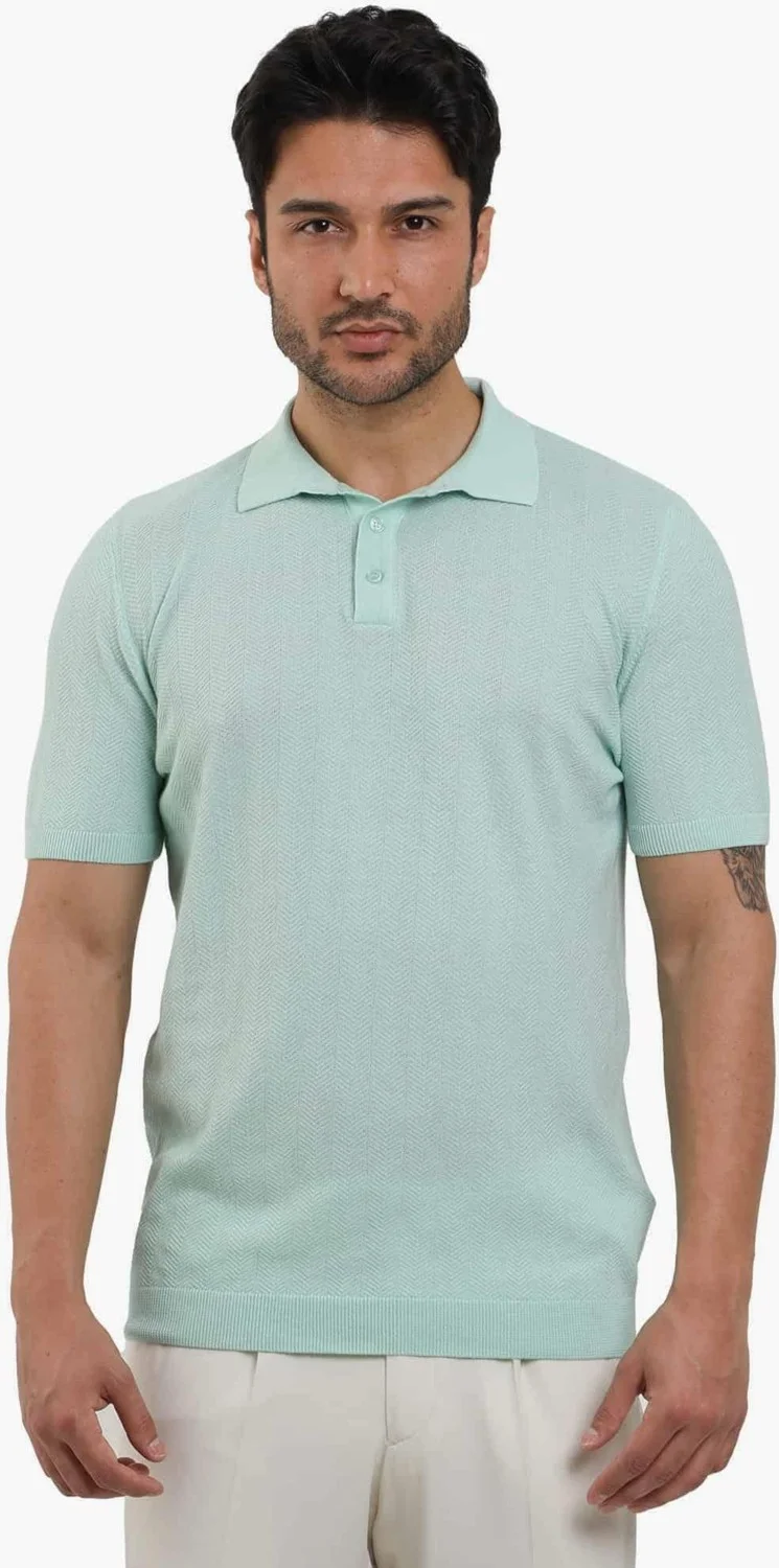 Dufy Water Green Men's Slim Fit Herringbone Patterned Polo Neck Sweater - 104556