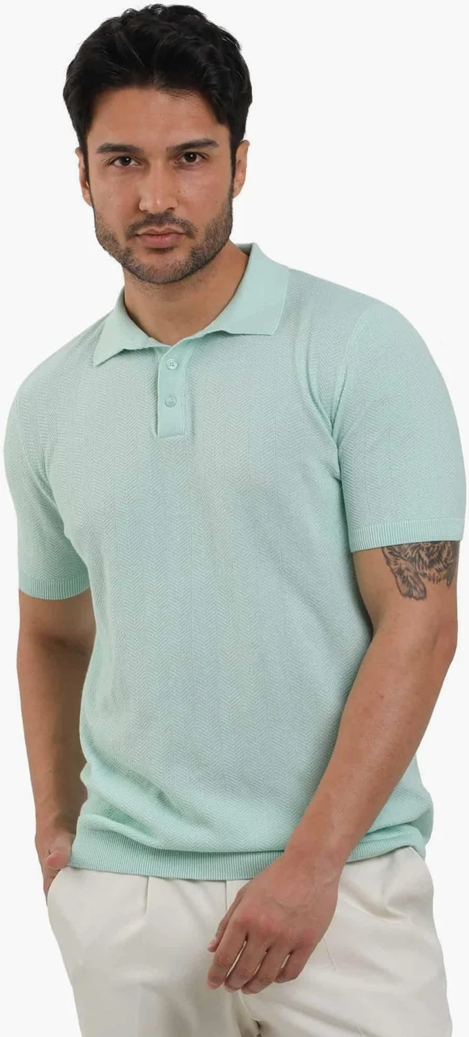 Dufy Water Green Men's Slim Fit Herringbone Patterned Polo Neck Sweater - 104556