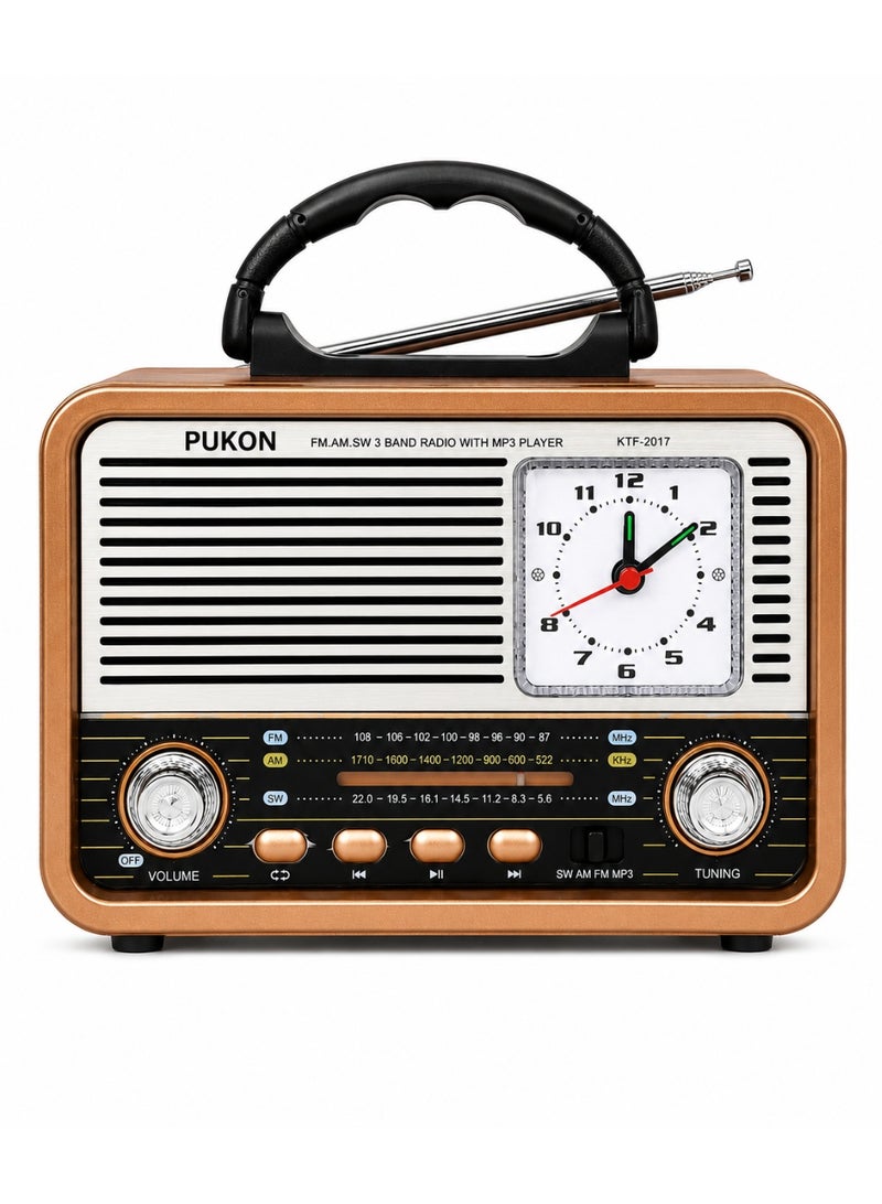 PUKON KTF-2017 Portable Full Band Radio with Analog Clock, FM/AM/SW Receiver, MP3 Player, USB & TF Card Support, Rechargeable Vintage Radio with Built-in Speaker & Carry Handle – Gold - Image 1