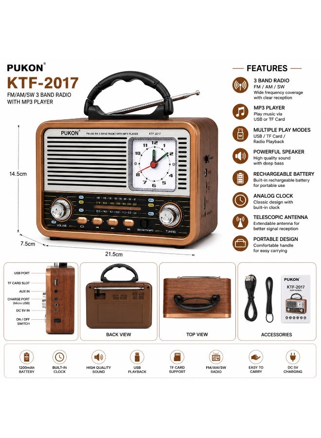 PUKON KTF-2017 Portable Full Band Radio with Analog Clock, FM/AM/SW Receiver, MP3 Player, USB & TF Card Support, Rechargeable Vintage Radio with Built-in Speaker & Carry Handle – Gold - Image 2