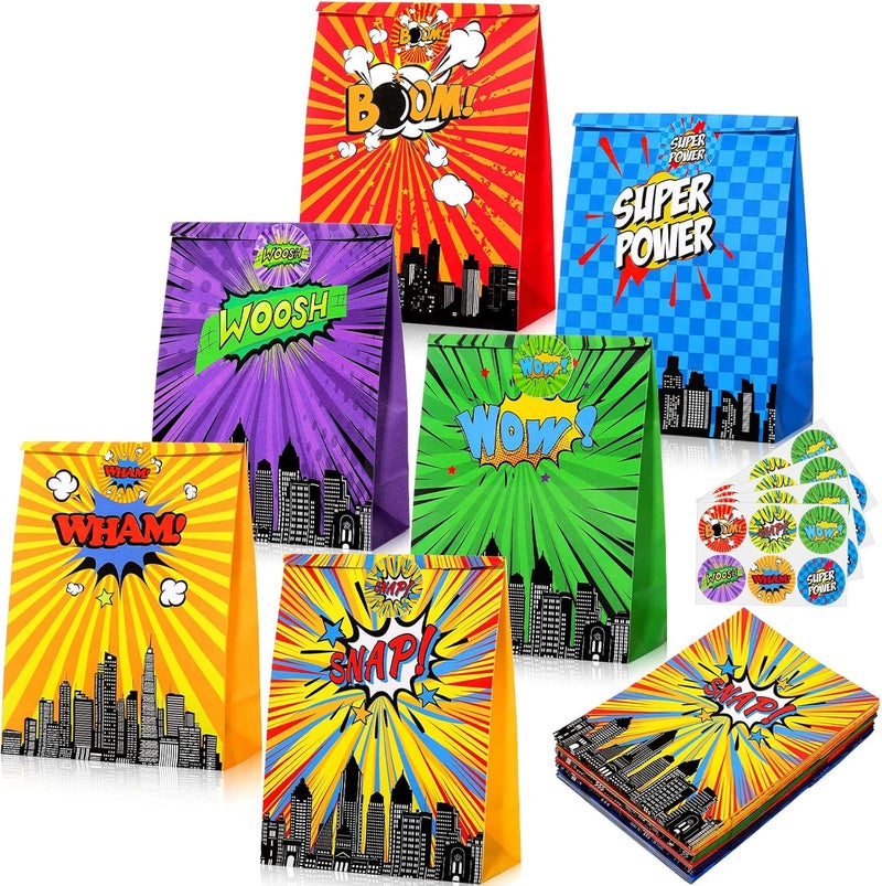 Canlierr 24 حقيبة هدايا حفلة الأبطال مع ملصقات ثيم الأبطال، حقائب هدايا مع 6 أنواع مختلفة من أكياس الحلوى للأطفال لزينة حفلات عيد الميلاد - Image 1