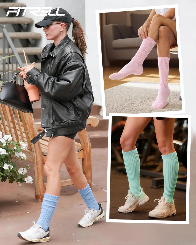 FITRELL Slouch Socks for Women, 3 Pairs Soft Cotton Knee High Scrunch Tube Boot Socks, Light Pink+Green+Blue, Shoe Size 6-8 - Image 5