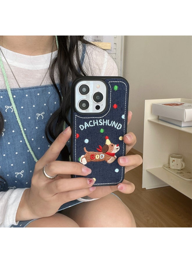 Generic - Korean Embroidered Denim Wave Dachshund Dog For Iphone15 Phone Case 13 For Iphone 14ProMax Chain 12-Color:Black Line Dog House-embroider Qj-Applicable Models:For Iphone 14 - Image 1