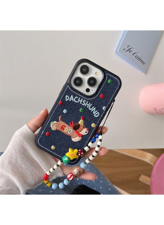 Generic - Korean Embroidered Denim Wave Dachshund Dog For Iphone15 Phone Case 13 For Iphone 14ProMax Chain 12-Color:Black Line Dog House-embroider Qj-Applicable Models:For Iphone 14 - Image 1
