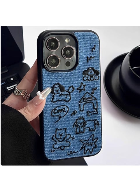 Korean Embroidered Denim Wave Dachshund Dog For Iphone15 Phone Case 13 For Iphone 14ProMax Chain 12-Color:Black Line Dog House-embroider Qj-Applicable Models:For Iphone 14