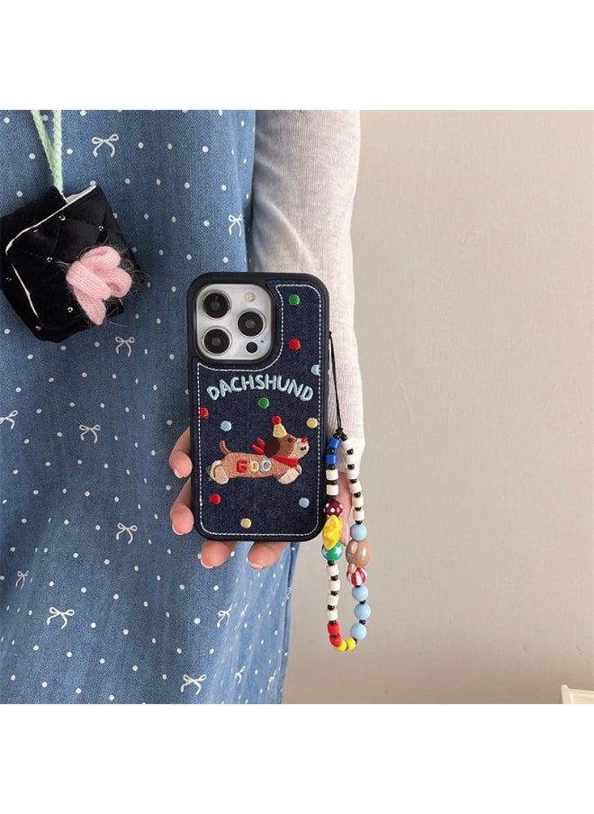 Generic - Korean Embroidered Denim Wave Dachshund Dog For Iphone15 Phone Case 13 For Iphone 14ProMax Chain 12-Color:Black Line Dog House-embroider Qj-Applicable Models:For Iphone 14 - Image 1