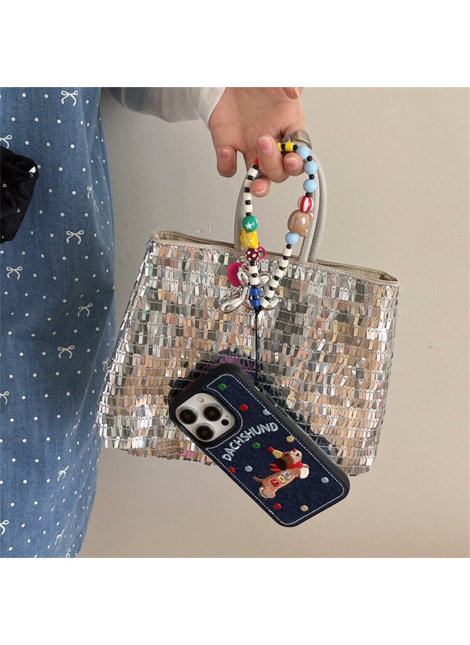 Generic - Korean Embroidered Denim Wave Dachshund Dog For Iphone15 Phone Case 13 For Iphone 14ProMax Chain 12-Color:Black Line Dog House-embroider Qj-Applicable Models:For Iphone 14 - Image 1
