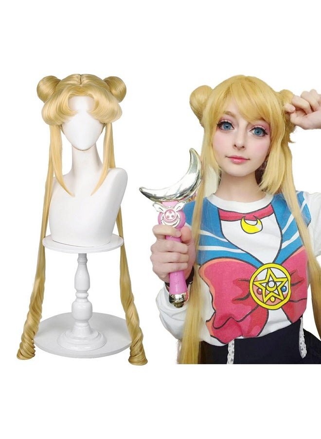 Probeauty Probeauty Long Curly Blonde Ponytails Cosplay Wig Light Blonde Ponytails Costume Cosplay Wigs with Undetachable Buns Wig Cap  - Image 2