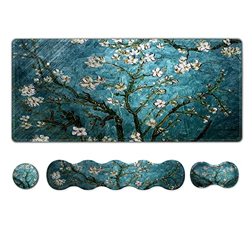 ARTSO Upgraded Extended Gaming Mouse Pad, Keyboard Wrist Rest Pad, Wrist Support Mousepad Set, Artso Large Stable Rubber Base Stitched Edges, Multifunctional Desk Pad 35 x15.5 in, Blue Van Gogh Painting - Image 1