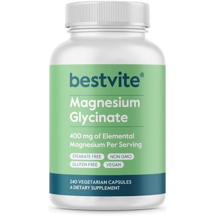 BESTVITE بيستفايت مغنيسيوم جليسينات خالي من الحشوات - 400 ملغ من المغنيسيوم لكل حصة (240 كبسولة نباتية) - جليسينات ثنائية مخلبية لدعم العضلات، الاسترخاء، التوتر والنوم* - للرجال والنساء - بدون ستيرات - نباتي - Image 1