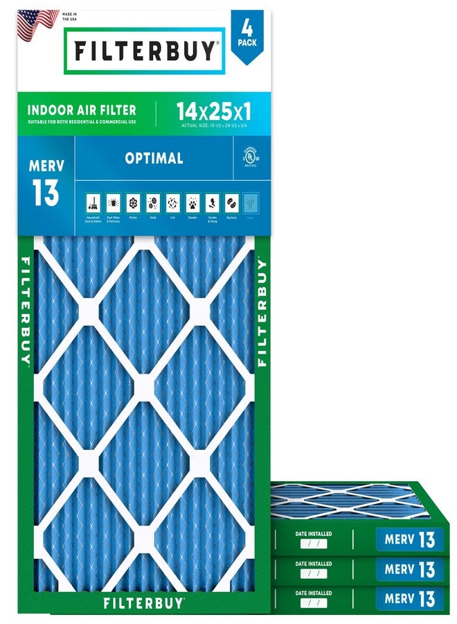FilterBuy 14x25x1 Air Filter MERV 13, Pleated HVAC AC Furnace Filters (4-Pack, Platinum) - Image 1