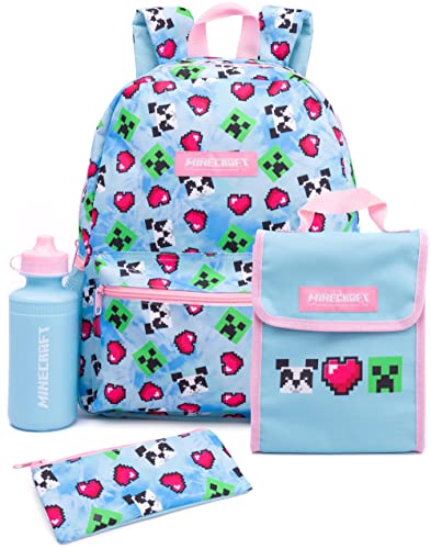 Minecraft Backpack and Lunch Box Set for Girls Kids 4 Piece Creeper Panda Hearts Blue School Rucksack Lunch Bag Pencil Case Water Bottle One Size - Image 1
