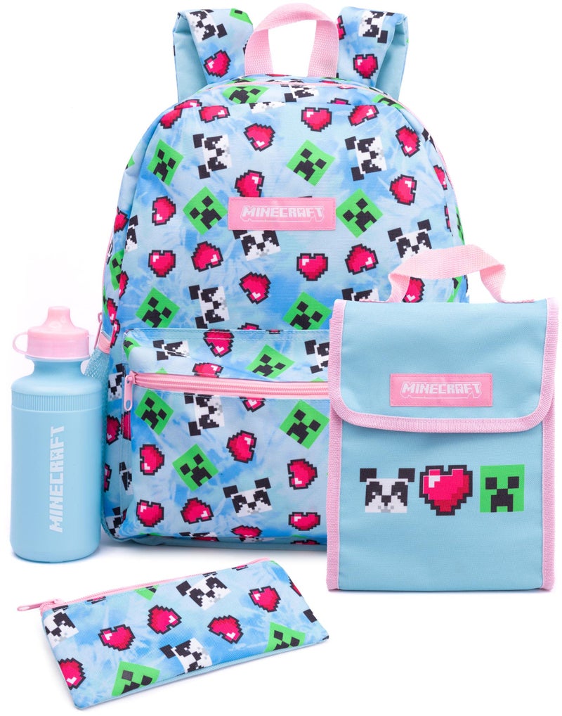 Minecraft Backpack and Lunch Box Set for Girls Kids 4 Piece Creeper Panda Hearts Blue School Rucksack Lunch Bag Pencil Case Water Bottle One Size - Image 2