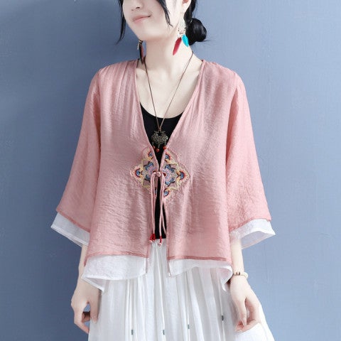 Spring and Summer 2024 Cotton and Linen Diamond Flower Strap Single Buckle Double Layer Seven-point Sleeve Cardigan Autumn Chinese Style Vintage Tea N#369 Pink - Image 1