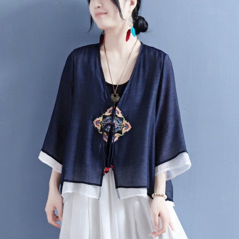 Spring and Summer 2024 Cotton and Linen Diamond Flower Strap Single Buckle Double Layer Seven-point Sleeve Cardigan Autumn Chinese Style Vintage Tea N#369 Pink - Image 3