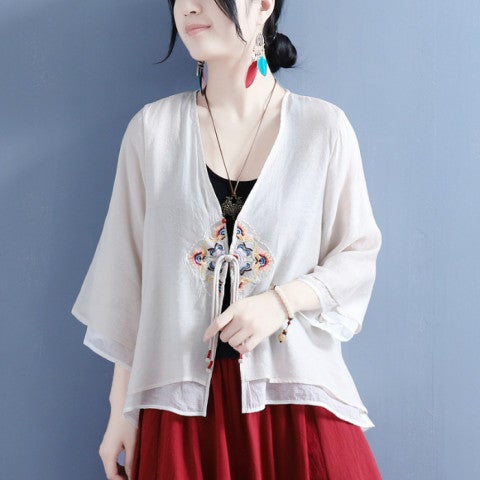 Spring and Summer 2024 Cotton and Linen Diamond Flower Strap Single Buckle Double Layer Seven-point Sleeve Cardigan Autumn Chinese Style Vintage Tea N#369 Pink - Image 4