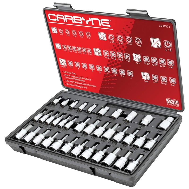 CARBYNE 36Piece Hex Allen Torx Bit Socket ETorx Set Includes Metric 2mm 10mm SAE 18 in 38 in T10 T55 E4 E18 S2 Steel Bits CrV Sockets Durable Case