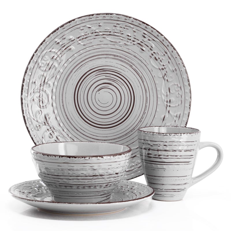 Elama Malibu Calcite 16-Piece Stoneware Embossed Pattern Reactive Glaze Light Gray Dinnerware Set, Tableware, Serveware Set (Calcite Gray) - Image 2