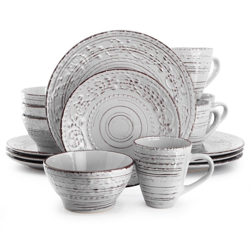 Elama Malibu Calcite 16-Piece Stoneware Embossed Pattern Reactive Glaze Light Gray Dinnerware Set, Tableware, Serveware Set (Calcite Gray) - Image 1