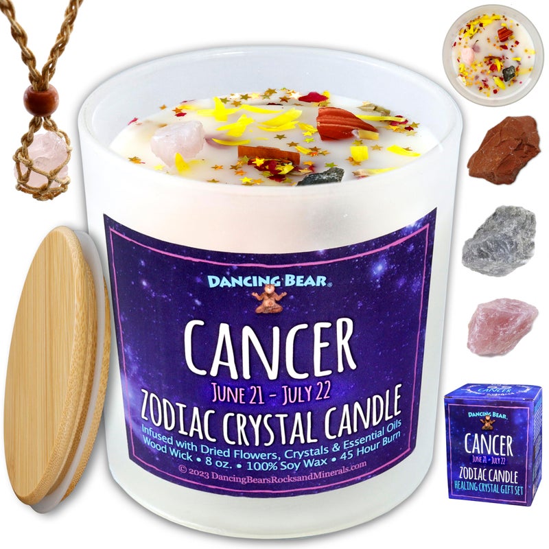 DANCING BEAR Cancer Zodiac Candle Gift Box Set with 3 Healing Crystals  Stone Holder Necklace 100 Soy Scented Wax Crackling Wood Wick 45 Hour Burn Time