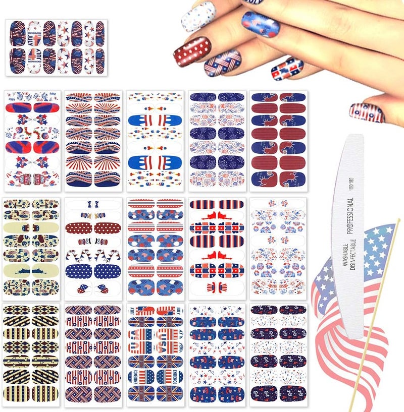 WOKOTO 16 Pcs Independence Day Nail Strips Polish Stickers Fourth of July Self Adhesive Nail Stickers Wraps for Nails Set with 1 Pc Nail File 14 Tips Per Sheet Manicure Strips