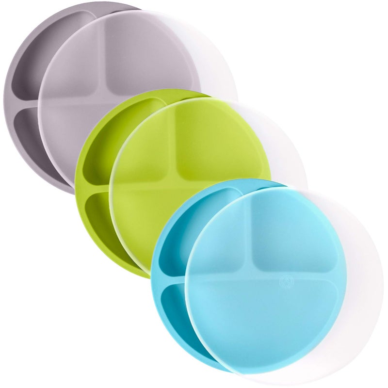 أطباق وي سبراوت السيليكونية مع أغطية للأطفال والرضع - عبوة 3 قطع - 100% أطباق آمنة للطعام للتغذية الذاتية - تصميم مقسم وحواف مرتفعة للآكلين الانتقائيين - آمنة في غسالة الصحون والميكروويف - مستلزمات الفطام