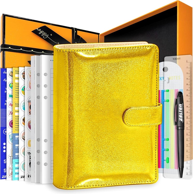 Zelten PU Leather Personal Notebook Planner with 67 Pages Loose-Leaf Papers 6 Holes Ring Binder Pen Holder Magnetic Buckle (Yellow Glitter,A5 Gift Box) - Image 1