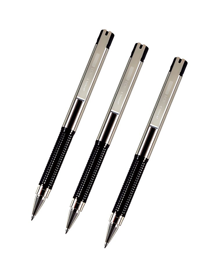 ZEBRA - 3 Piece F-301 Compact Ballpoint Pens Black Rubber Grip Stainless Steel Fine Point 0.7mm Blue Ink Smooth Writing - Image 1