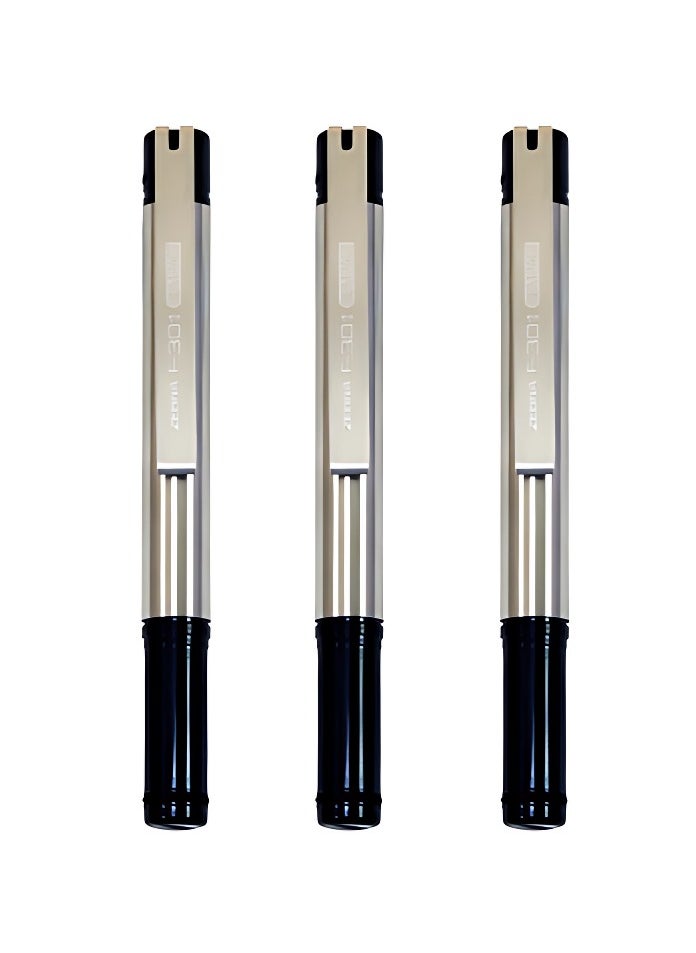 ZEBRA - 3 Piece F-301 Compact Ballpoint Pens Black Rubber Grip Stainless Steel Fine Point 0.7mm Blue Ink Smooth Writing - Image 1