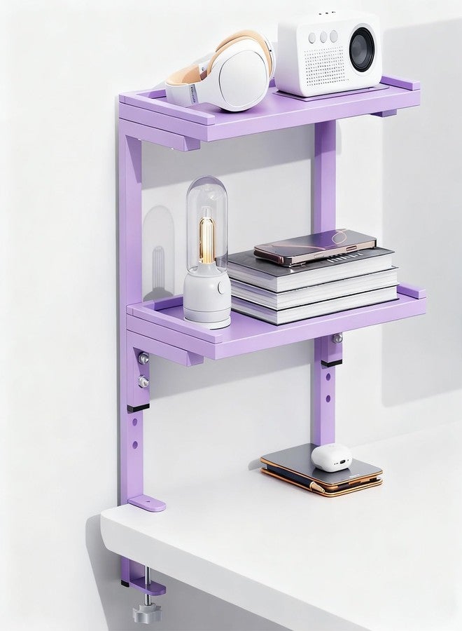 Spacrea clamp on Desk Shelf, 2 Tier Office Desk Shelves Organizer, Wood Desktop Supplies Storage Rack, Desk Organizers and Accessories (Purple) - Image 1