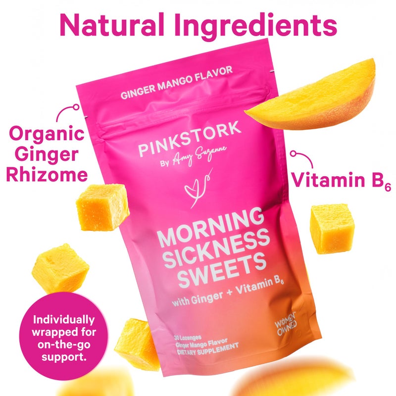 Pink Stork Morning Sickness Sweets, Organic Mango Ginger Candy with Vitamin B6 for Morning Sickness, Motion Sickness, Prenatal Heartburn - Pregnancy Must Haves - 30 Wrapped Drops - Image 2