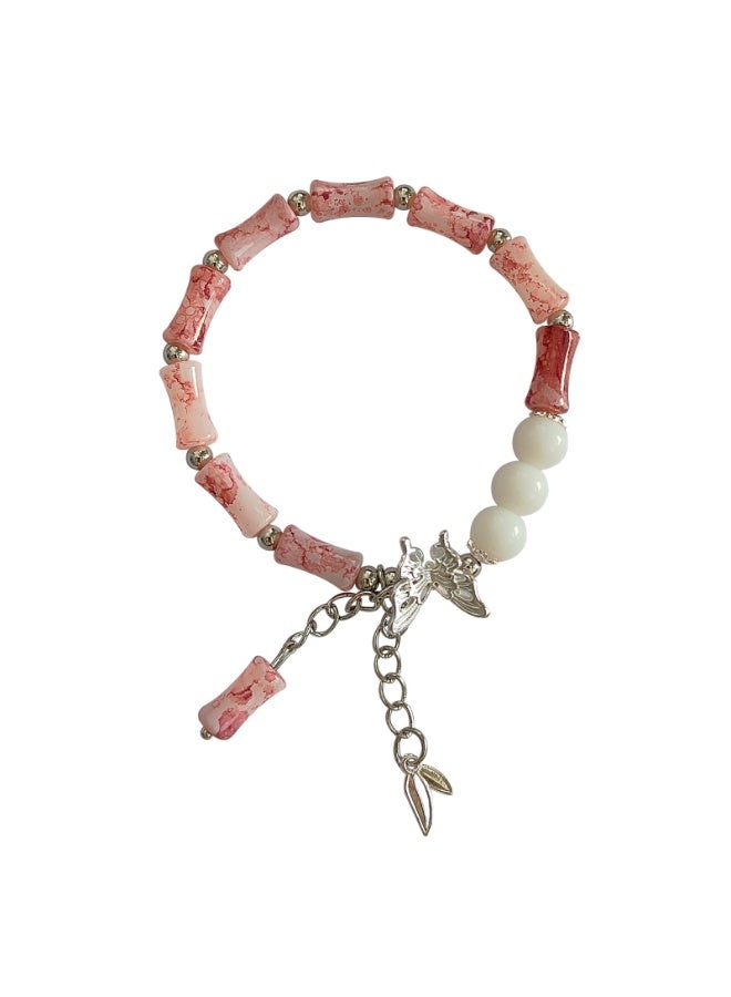 سوار حلية على شكل فراشة مصنوع يدويًا من المرجان الوردي والأبيض، سلسلة فضية اللون، سوار للنساء، سوار للفتيات