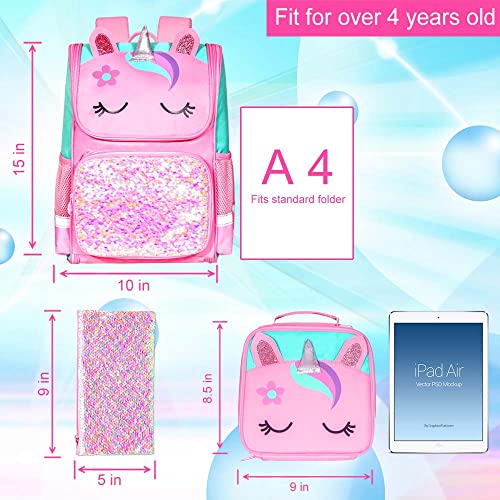 KLFVB 3PCS Girls Backpack, 15" Sequin Unicorn Bookbag with Lunch Box, Kids Preschool School bag for Elementary Students - Pink - Image 4