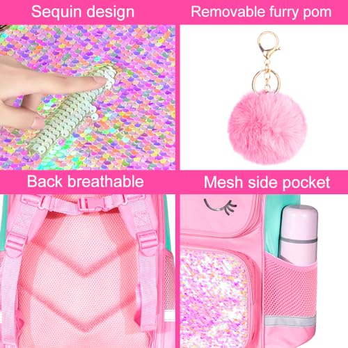 KLFVB 3PCS Girls Backpack, 15" Sequin Unicorn Bookbag with Lunch Box, Kids Preschool School bag for Elementary Students - Pink - Image 5